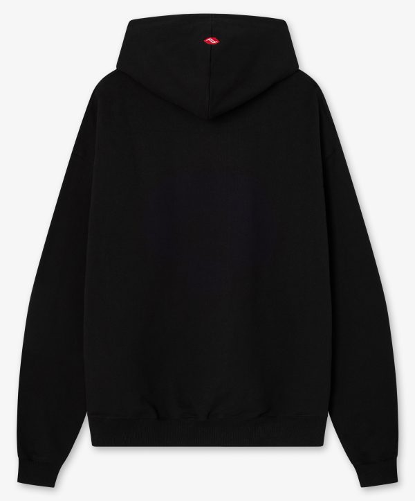 Sudadera oversized negra con estampado frontal y logo bordado en capucha - Trasera Sudadera oversized negra con estampado frontal y logo bordado en capucha - Trasera
